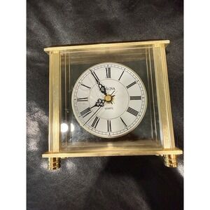 Bulova Quartz Mantel Clock Gold Tone Crystal‎ Case Roman Numerals Desk Clock